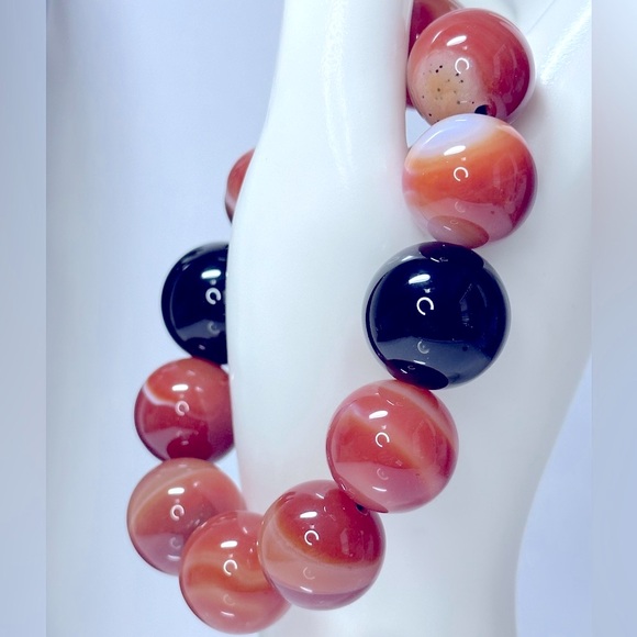 ORANGE SARDONYX + BLACK ONYX NATURAL STONES BRACELET size 7” - Picture 5 of 15